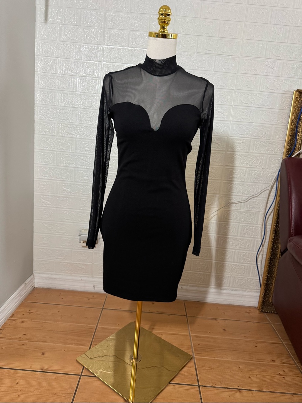 H&M Black Mesh Yoke Long Sleeve Mini Dress